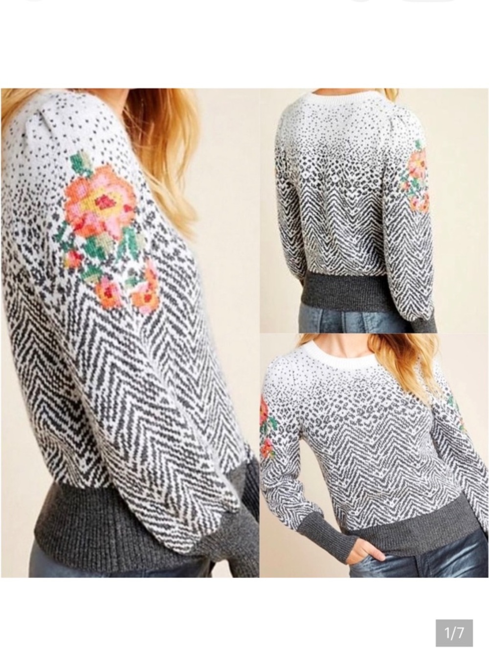Anthropologie Floral Cheetah Wool Blend Sweater Puff Sleeve Sz M